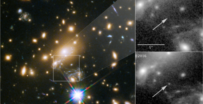 Imagen a color del cúmulo MACS J1149+2223 observado por el telescopio Hubble. A la derecha, se muestra la zona del cielo tomada en 2011 donde no se ve la estrella Ícaro, comparada con la imagen de 2016 donde se aprecia claramente esta supergigante azul. /