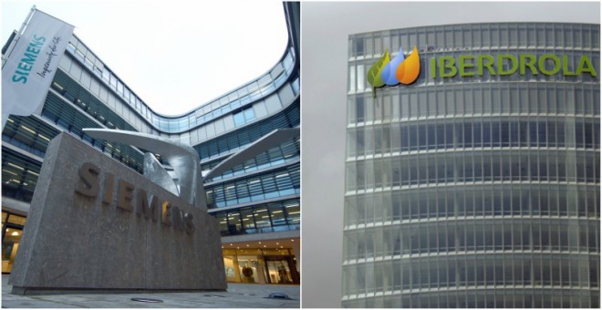 Los logos de Siemens y de Iberdrola, en sus respectivas sedes en Munich y en Bilbao.
