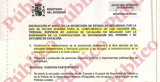 Fragmentos de las instrucciones que emitió la Secretaría de Estado de Seguridad del Ministerio del Interior para el cumplimiento de las órdenes del TSJC ante el 1-O.