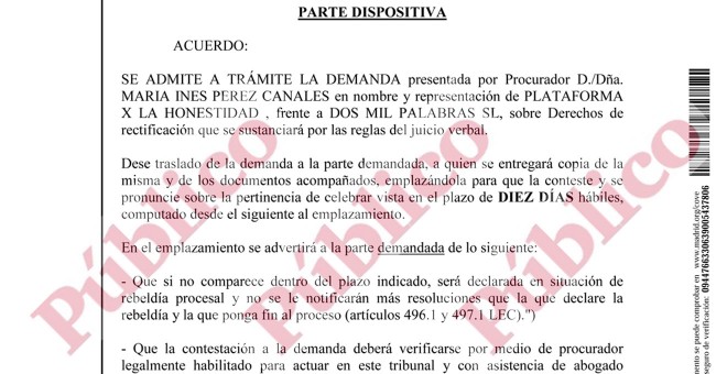 Fragmento del decreto de la jueza Fojón Chamorro admitiendo a trámite la demanda de la PxH contra la editora de la web OKDiario que dirige Eduardo Inda.