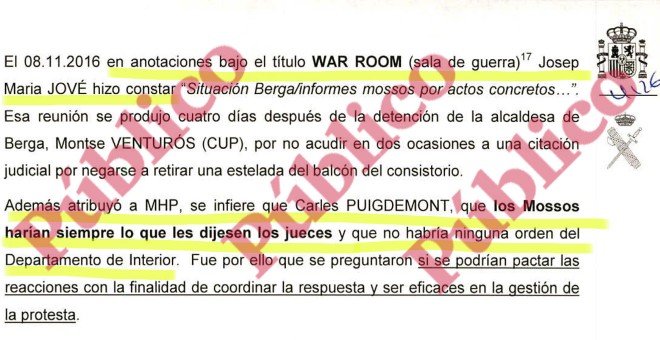 Descripción de la Guardia Civil sobre las anotaciones manuscritas de Jové bajo el titular 'War Room' en las que figuran las afirmaciones de Puigdemont sobre el cumplimiento de las órdenes de los jueces por parte de los Mossos.