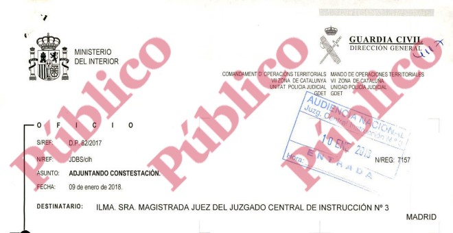 Encabezado de la respuesta de la Guardia Civil a la jueza Lamela sobre su petición de información de los contenidos de la agenda de Jové en relación con la actuación de Trapero y de los Mossos.