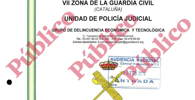 Encabezado del atestado de la Guardia Civil sobre sus diligencias ampliatorias por el presunto delito de sedición por el referéndum del 1-O, entregado a la Audiencia Nacional el pasado 22 de febrero.