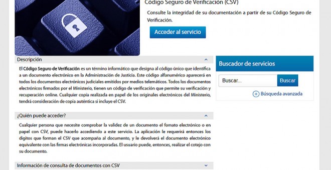 Pantalla de la Sede Judicial Electrónica en la página web del Ministerio de Justicia, a través de la que puede accederse a sentencias mediante el uso de CSV.