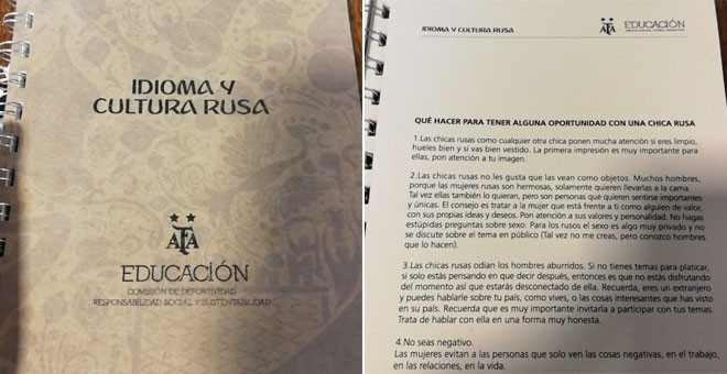 La portada y una de las hojas del manual que los periodistas presentes en el curso de la AFA difundieorn por redes sociales.