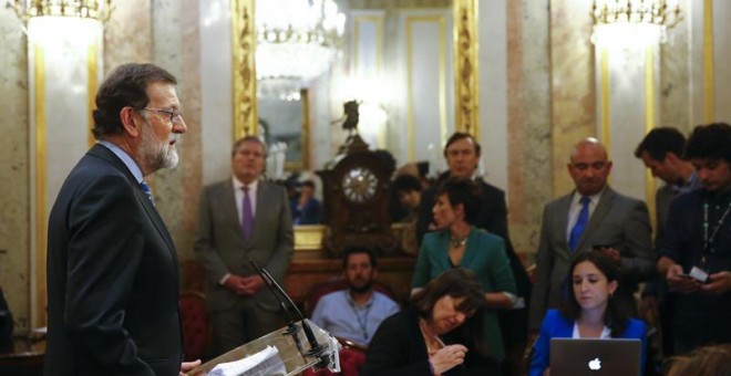 El presidente del Gobierno, Mariano Rajoy durante la rueda de prensa ofrecida tras la aprobación de los Presupuestos Generales del Estado para 2018, 23 de mayo de 2018 en el Congreso de los Diputados de Madrid. EFE/ J.P.Gandul