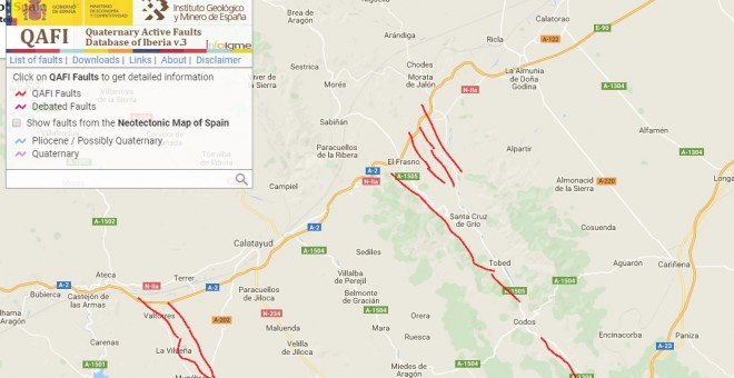 El Instituto Geominero cataloga como activas las cuatro fallas del cuaternario localizadas en el emplazamiento del pantano de Mularroya y sus inmediaciones. / IGME
