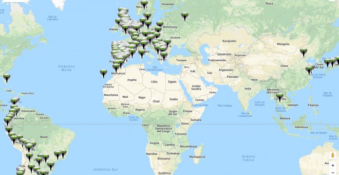 Mapa de los lugares del mundo donde han viajado para fotografiarse frente a un estadio