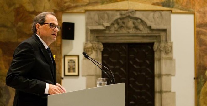 El president Quim Torra durant la compareixença d'aquest divendres. EFE/ Enric Fontcuberta.