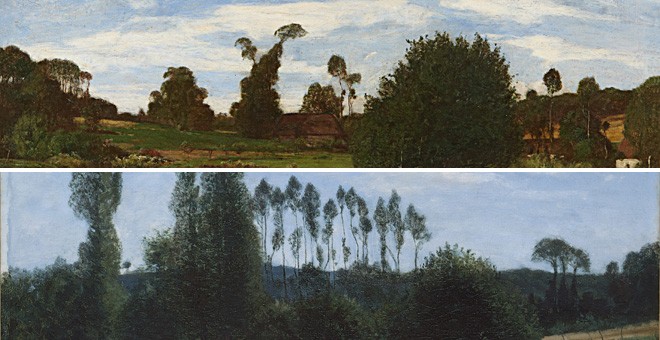 Arriba: 'Paisaje normando' (1857-58), por Eugène Boudin.- MARUNUMA ART PARK, ASAKA | Abajo: 'Vista de los alrededores de Rouelles' (1858), por Claude Monet.- MARUNUMA ART PARK, ASAKA