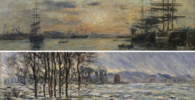 Arriba: 'La ensenada del Eure en El Havre' (1885), por Eugène Boudin.- MUSÉE D'ART, HISTOIRE ET ARCHÉOLOGIE, ÉVREUX | Abajo: 'La inundación' (1881), por Claude Monet.- MUSEUM BAHNHOF ROLANDSECK