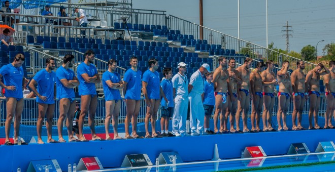 Partit de waterpolo amb les grades buides, durant els Jocs del Mediterrani. / Tarragona 2018.