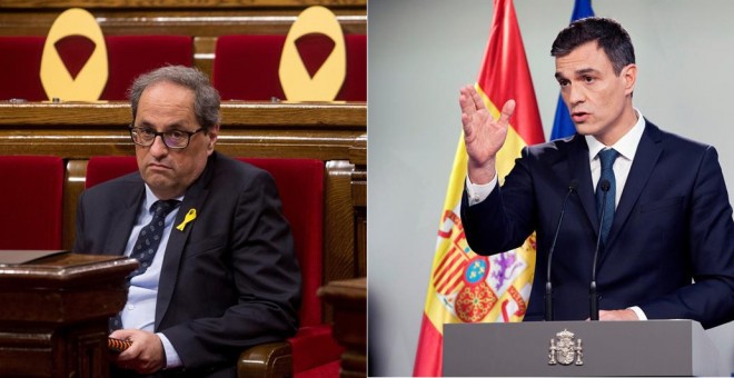 Los presidentes de la Generalitat y del Gobierno, Quim Torra y Pedro Sánchez, se reúnen este lunes por primera vez desde que ambos accedieron a sus cargos. / EFE.