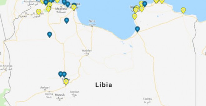 Imagen de los centros de detención reportados por el proyecto GDP en Libia. Fuente: GDP.