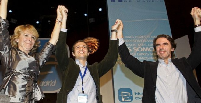 Esperanza Aguirre, Pablo Casado y José María Aznar, en el Congreso de las Nuevas Generaciones del PP, celebrado en la localidad madrileña de Las Rozas en 2008. EFE