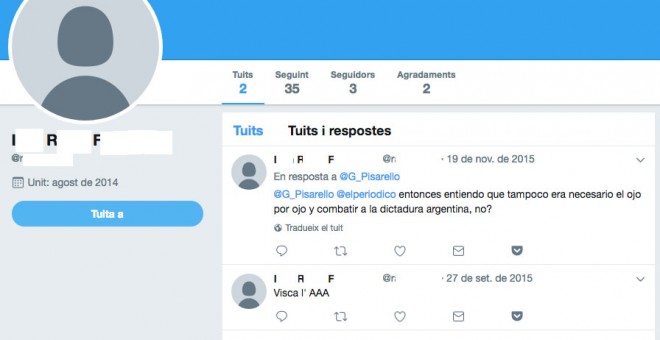 Captura del compte de Twitter d'I.R.F. en què interpel·lava l'ara primer tinent d'alcalde de Barcelona, Gerardo Pisarello, i acabava amb un 'visca' a la Triple A.