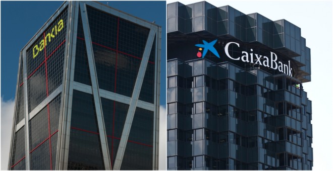 Las sedes de Bankia y Caixabank, en Madrid y Barcelona, respectivamente.