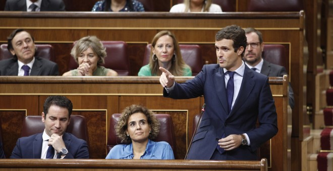 El presidente del PP, Pablo Casado, durante la sesión de control al Gobierno en el Congreso el pasado 12 de septiembre - Europa Press