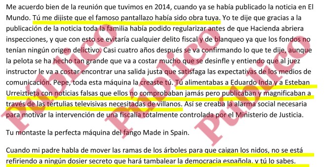 Fragmento de la carta de Josep Pujol a Villarejo.