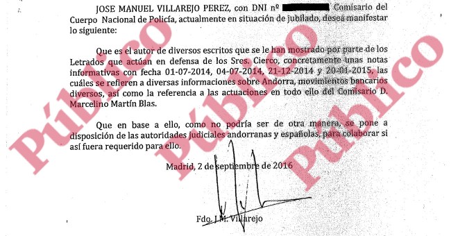 Encabezado del acta notarial en la que Villarejo se declara autor de sucesivas notas informativas policiales apócrifas que perjudican a Martín-Blas.