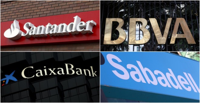 Los logos de los bancos Santander, BBVA, Caixabank y Sabadell. REUTERS/EFE