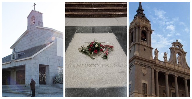 De izquierda a derecha: capilla del cementerio de Mingorrubio; tumba de Franco en el Valle de los Caídos; y Catedral de La Almudena