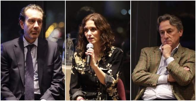 Javier Benegas, Isabel Díaz Ayuso y Hermann Tertsch, en el debate ‘Contra la censura'. FOTO: PP MADRID / ALBERTO CUÉLLAR