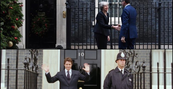 Escena de Love Actually en contraste con una visita a Theresa May a Downing Street.