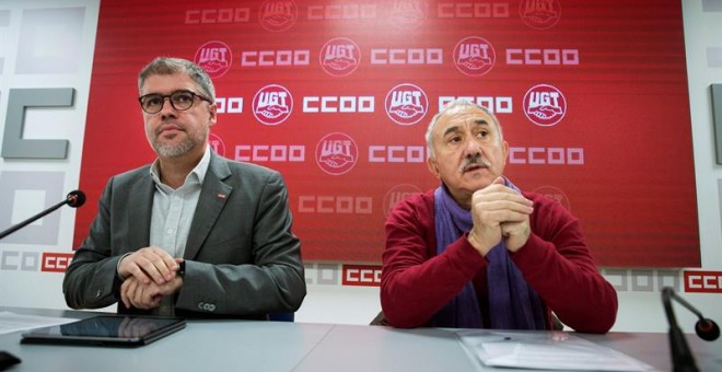 Los líderes de CCOO y UGT, Unai Sordo (i) y Pepe Álvarez. /EFE