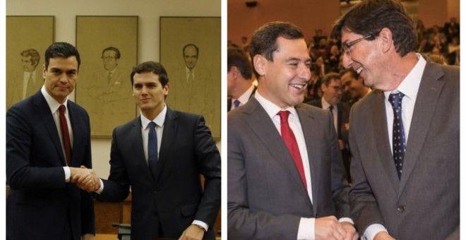Albert Rivera y Pedro Sánchez, tras firmar el pacto en 2015, y Juan Marín y Juanma Moreno Bonilla, socios de gobierno en Andalucía.