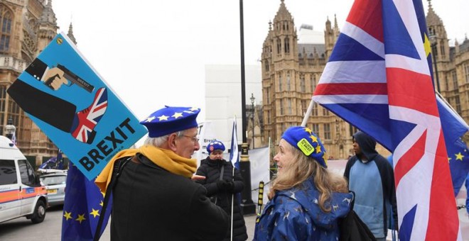 Varios manifestantes pro europeístas participan en una protesta junto al Parlamento británico en Londres (Reino Unido) hoy, 10 de enero de 2019. - El Parlamento británico anunció hoy que debatirá un total de siete peticiones ciudadanas respecto al 'brexit