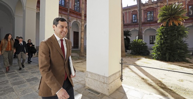 El presidente de la Junta de Andalucía, Juanma Moreno, en el Palacio de San Telmo tras la rueda de prensa donde ha anunciado la composición de su Gobierno. EFE/José Manuel Vidal