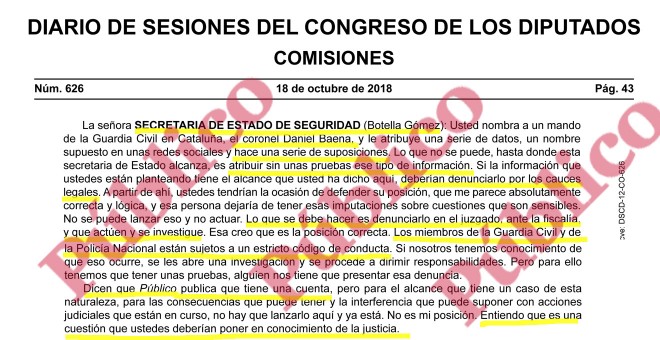 Respuesta de la secretaria de Estado de Seguridad a la pregunta de ERC sobre el teniente coronel Baena.