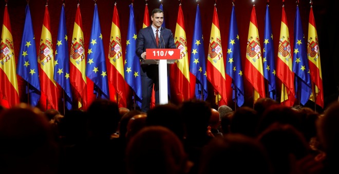 El secretario general del PSOE y presidente del Gobierno, Pedro Sánchez, durante su intervención en la presentación de las 110 principales medidas del programa electoral con el que los socialistas concurren a las elecciones del 28 de abril. EFE/Ballestero