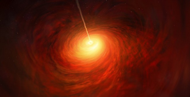 Ilustración del agujero negro en el corazón de la enorme galaxia M87. Se muestra el material sobrecalentado que lo rodea, incluido el chorro relativista de partículas que sale disparado. ¿Cómo se relaciona con el agujero negro? Será una de las cuestiones