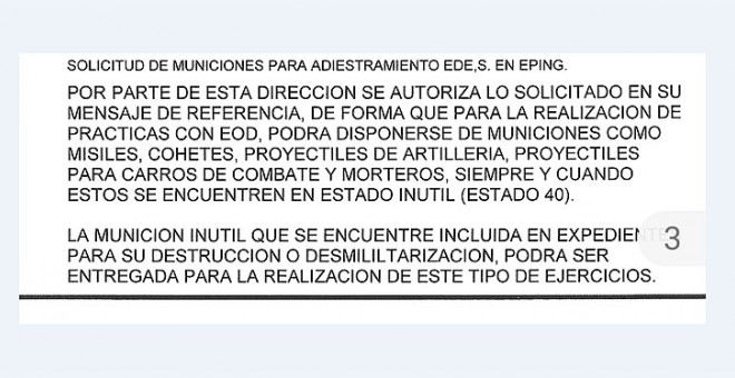 Extracto del mensaje del DIRSAR en el que se da permiso explícito para el uso de munición 'inútil' en las prácticas de desactivación de explosivos del Ejército de Tierra. | PÚBLICO