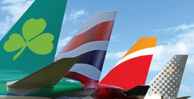 Los colores de las líneas aéreas de holding IAG: Air Lingus, Britis Airways. Iberia y Vueling. E.P.