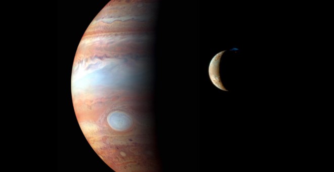 Montaje de Júpiter y sus satélites a partir de imágenes captadas por la sonda New Horizons.- NASA