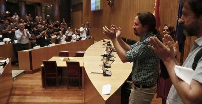 El secretario general de Podemos, Pablo Iglesias durante durante la jornada por la defensa de los servicios públicos organizada por el Grupo Parlamentario Unidas Podemos-En Comú Podem-Galicia en Común en el Congreso de los Diputados. (MARISCAL | EFE)