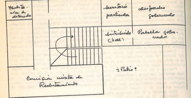 Posible distribución de la primera planta del gobierno civil. Fuente: Eduardo Molina Fajardo, Parece que fue dibujado por Carlos Jiménez Vílchez.