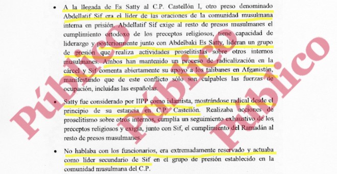 Fragmento del informe reservado del CNI sobre el extremismo islamista de Es Satty en la prisión de Castellón.