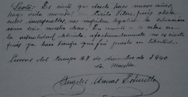 Escrito donde Ángeles Arenas confirma su relación con Cirilo durante más de nueve años en diciembre de 1940. / relatoras producciones