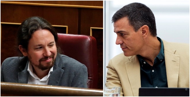 Pablo Iglesias, secretario general de Podemos, y Pedro Sánchez, líder del PSOE y presidente del Gobierno. / EFE