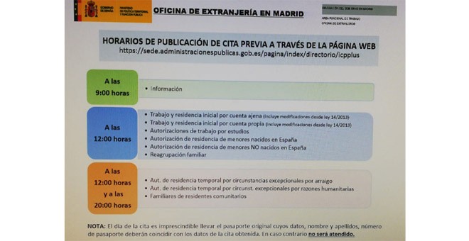 Horarios de publicación de cita previa de la Oficina de Extranjería en Madrid.