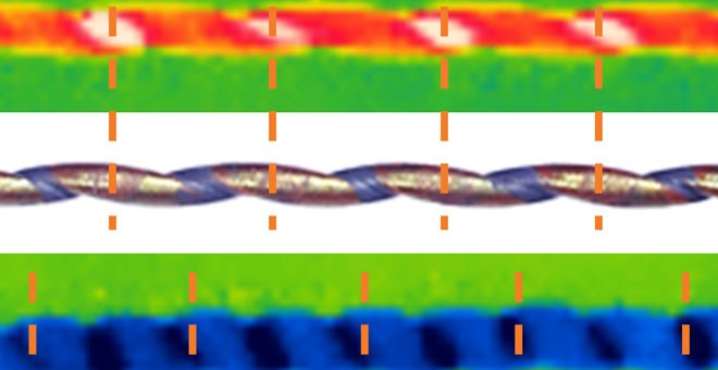 Imágenes térmicas y ópticas de una fibra de goma natural arrollada y estirada (arriba) y después de estirarla (abajo), que muestran el enfriamiento./ UNIVERSITY OF TEXAS AT DALLAS
