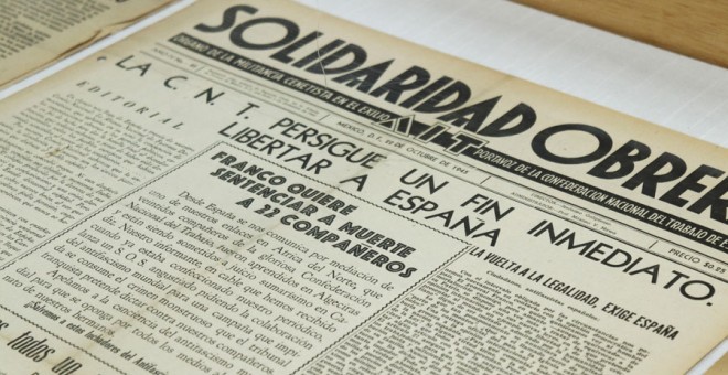 Ejemplar exhibido en la exposición del periódico anarquista 'Solidaridad Obrera' publicado en México en 1945. - Archivo CNT/ FAL