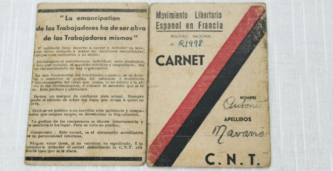 Carnet de la CNT en el exilio, concretamente en Francia, país al que huyeron la mayoría de ellos y que se puede ver en la exposición de la FAL.  - Archivo CNT/ FAL