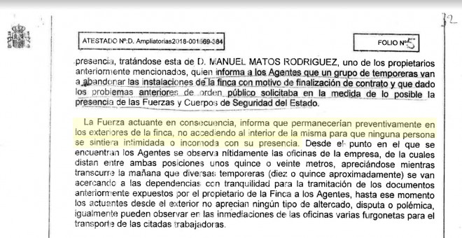 Atestado de la Guardia Civil que afirma que no entraron en la finca para no intimidar o incomodar, a pesar de haber sido alertados de la retención de una trabajadora contra su voluntad.