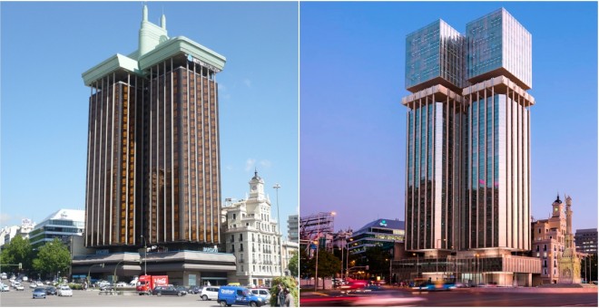El edificio de las Torres de Colón, en Madrid, en su aspecto actual (a la izquierda), con su característico 'enchufe' en lo alto, y en una simulación tras la rehabilitación que ha puesto en marcha su propietaria, la aseguradora Mutua Madrileña.