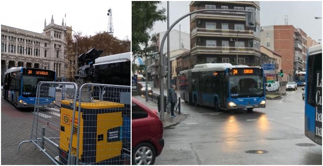Dos buses seguidos en Cibeles (a la izquierda) y tres en la plaza de la Emperatriz, en Carabanchel. / AVCA